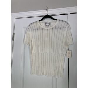 EMANUEL UNGARO Women's 90s Designer Ivory Pointelle Knit Sheer Scallop Blouse L